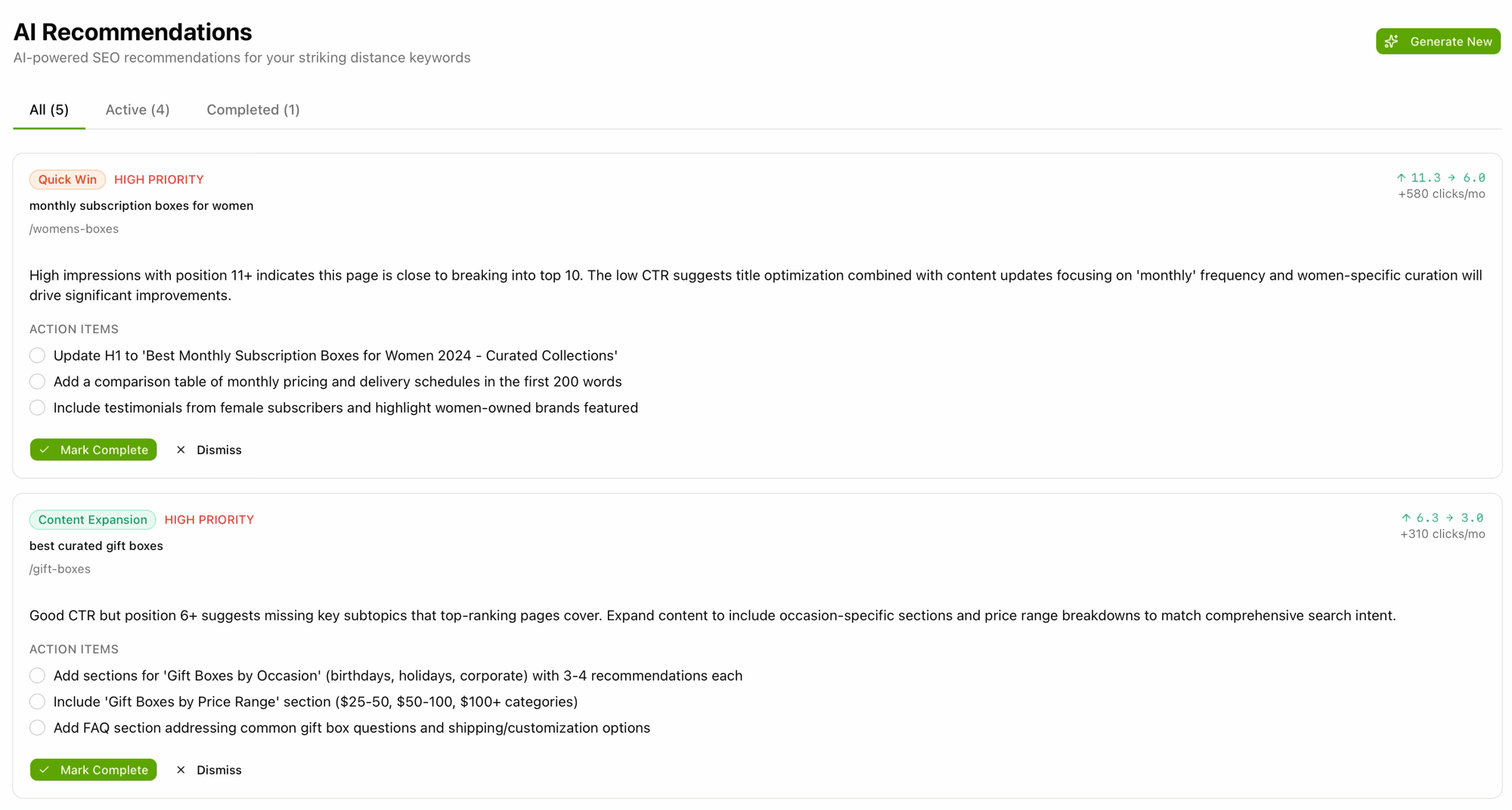 AI-powered SEO recommendations with action items and priority levels